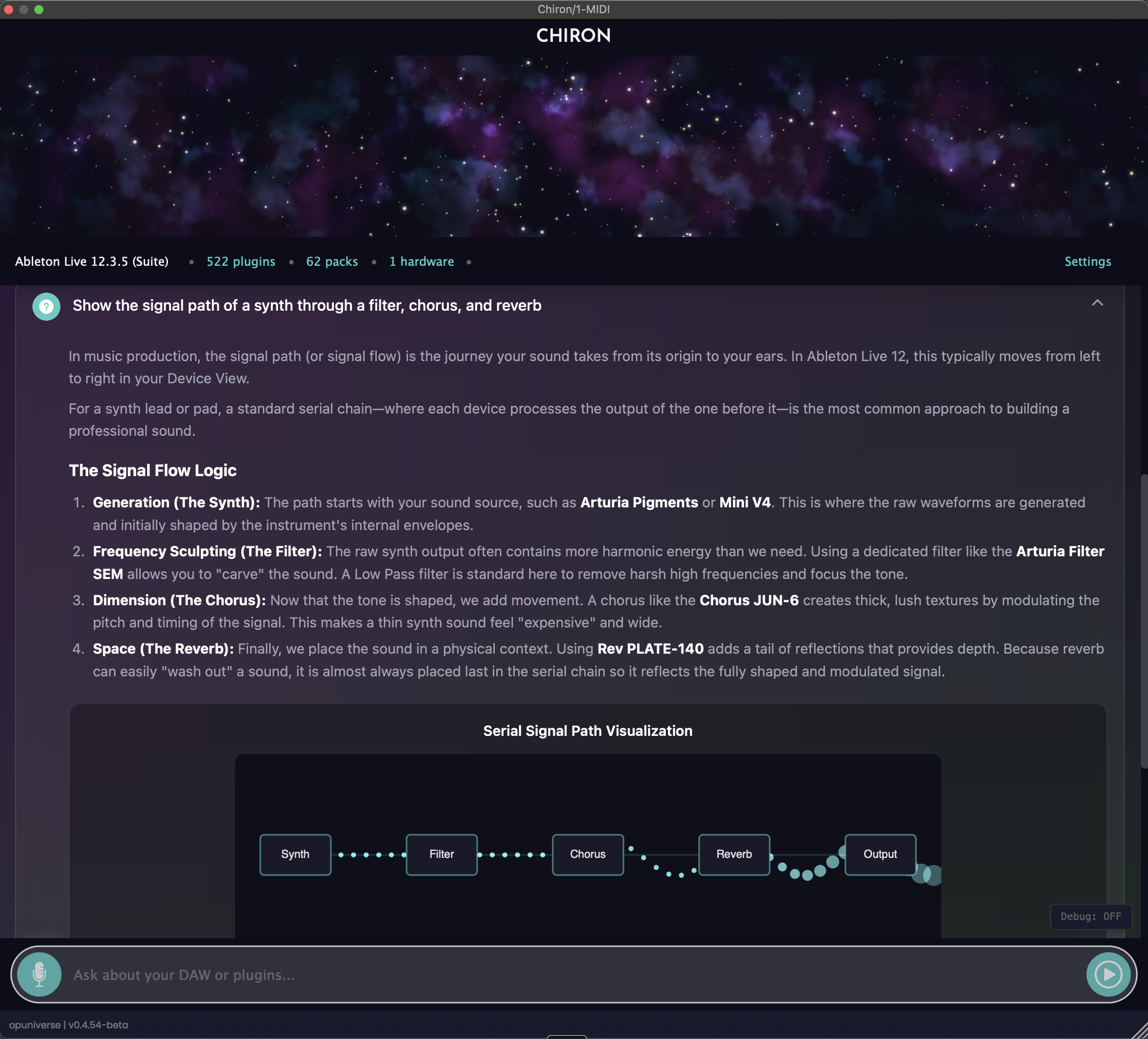 Animated p5.js signal flow visualization showing particles flowing through synth, filter, chorus, and reverb processing stages