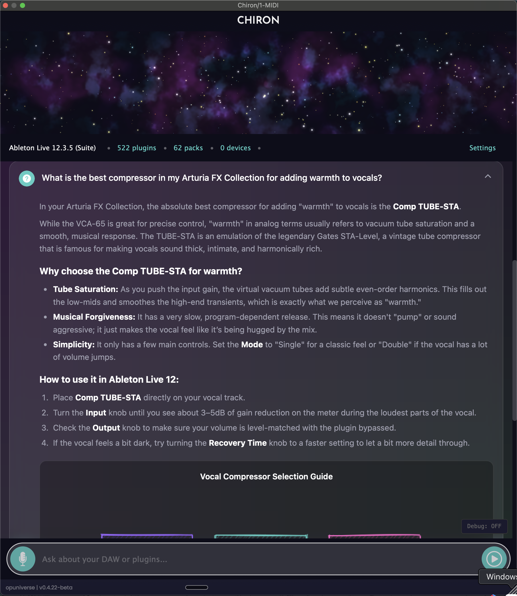 Chiron recommending Comp TUBE-STA from Arturia FX Collection for vocal warmth, with detailed settings guide