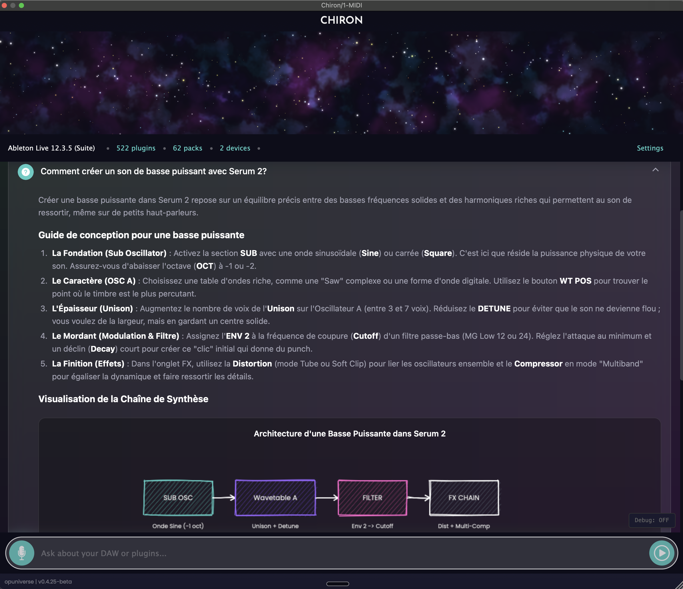 Chiron responding in French about creating a powerful bass sound with Serum 2
