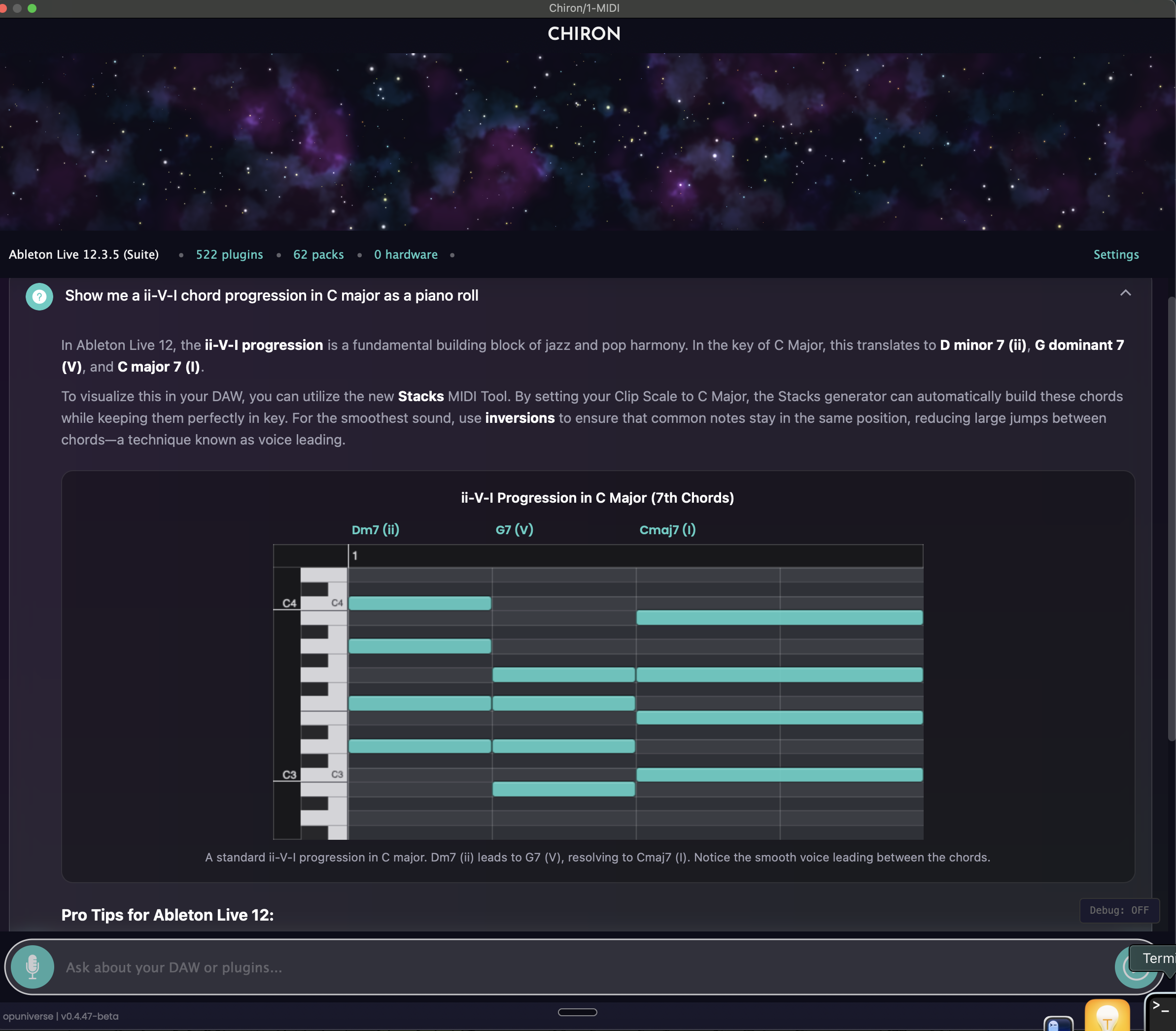DAW-style piano roll showing a ii-V-I chord progression in C major with Dm7, G7, and Cmaj7 voicings