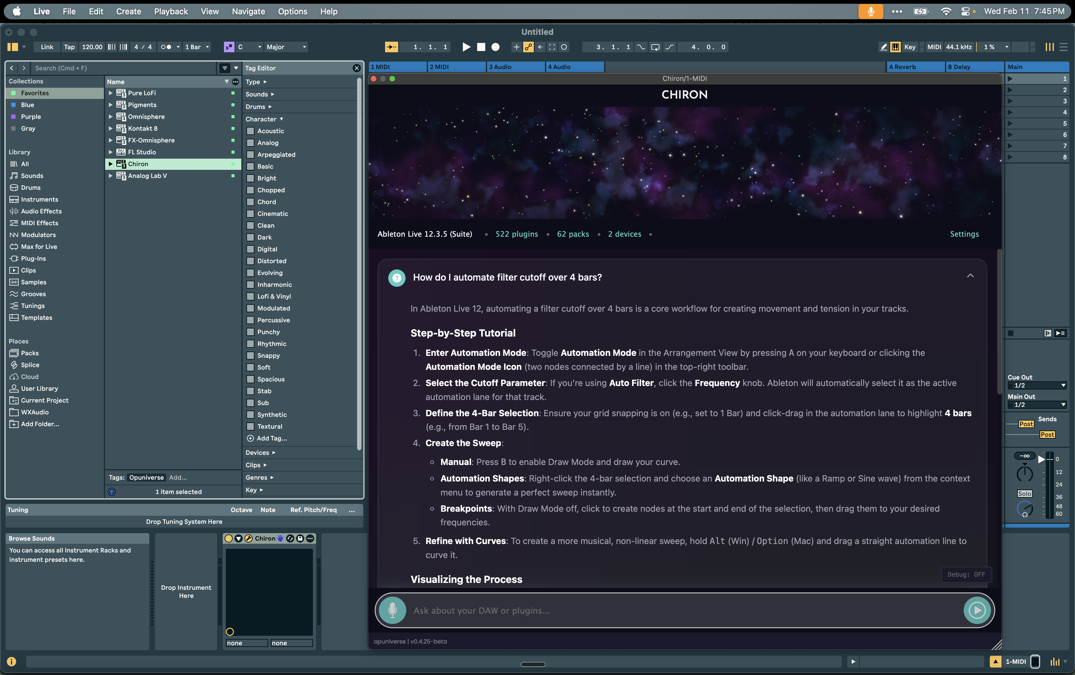 Chiron showing Ableton Live 12-specific filter cutoff automation with Automation Shapes and breakpoint instructions