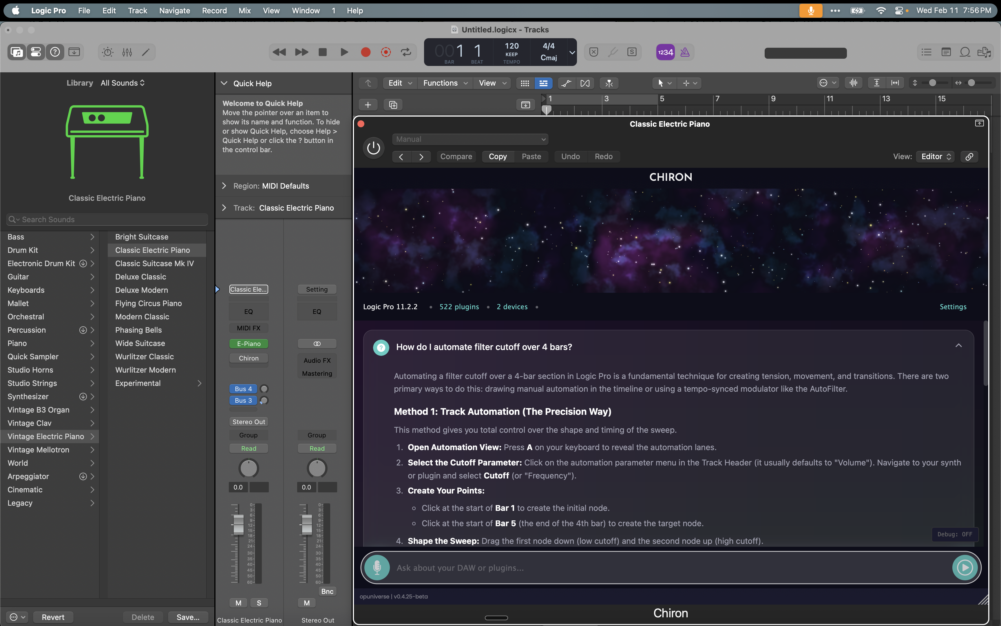 Chiron showing Logic Pro 11-specific filter cutoff automation with Touch/Latch modes and Automation Curve tool