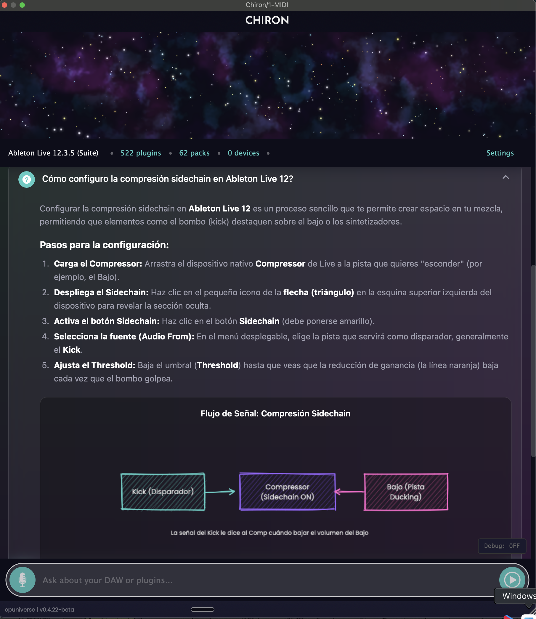 Chiron responding in Spanish about sidechain compression with a signal flow diagram using Spanish labels